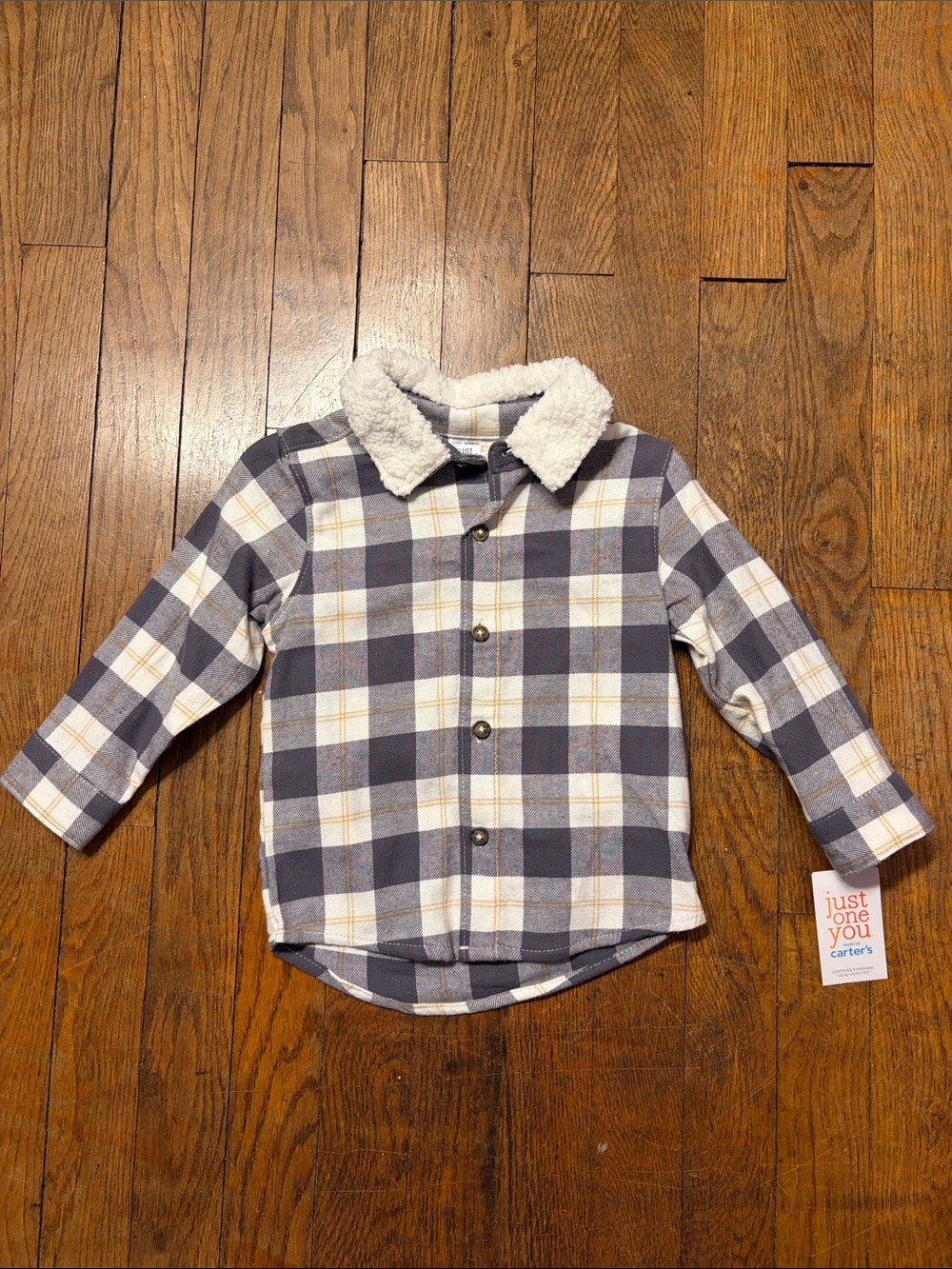 Carter's Gray and Cream Plaid Sherpa-Collar Button Shirt